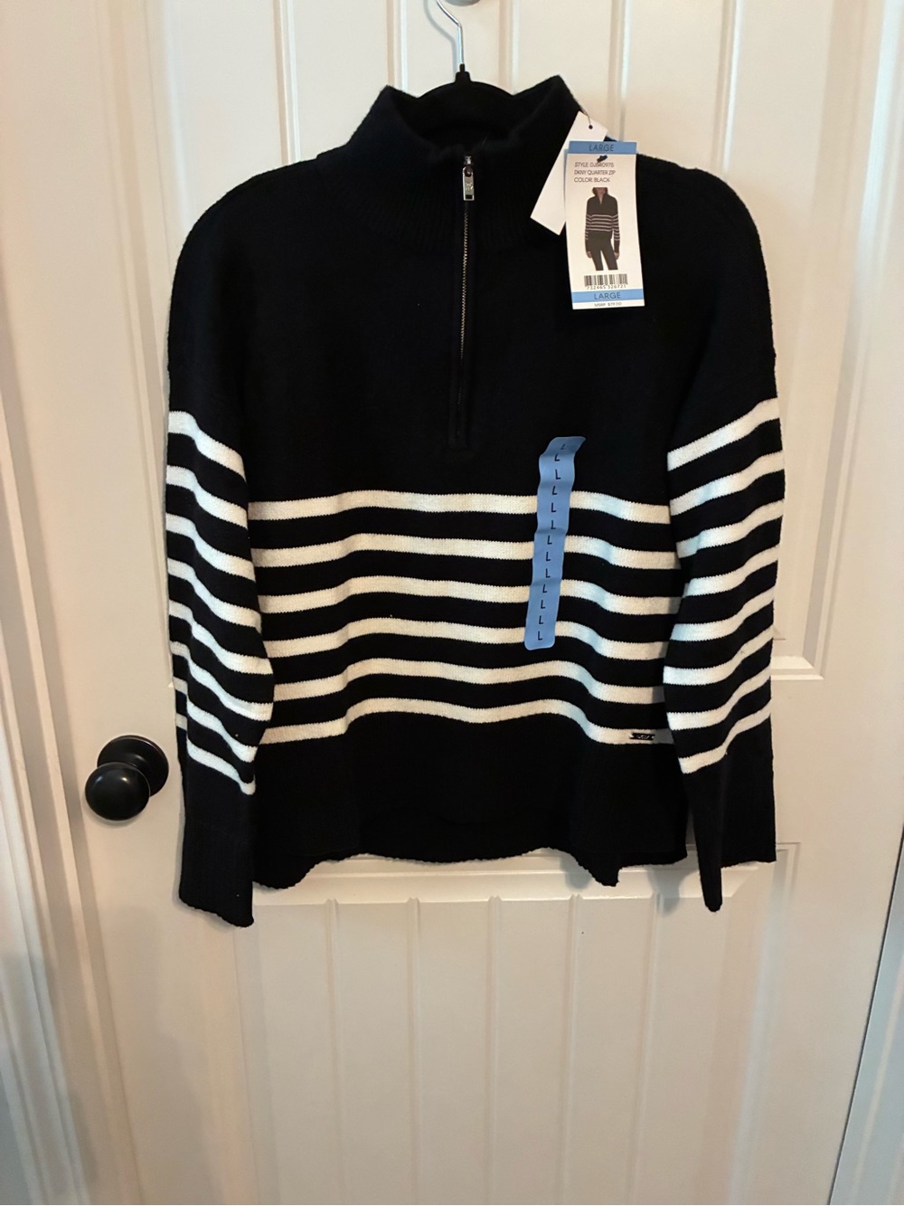 DKNY Black & White Striped Half-Zip Crew Sweater